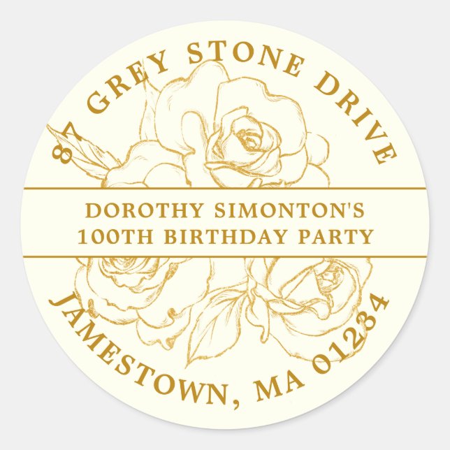 Sticker Rond 100e Anniversaire Gold Rose Adresse de retour Labe (Devant)