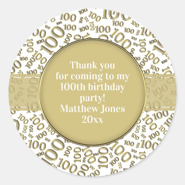 Sticker Rond 100e anniversaire Numéro Motif Or/Blanc (Devant)
