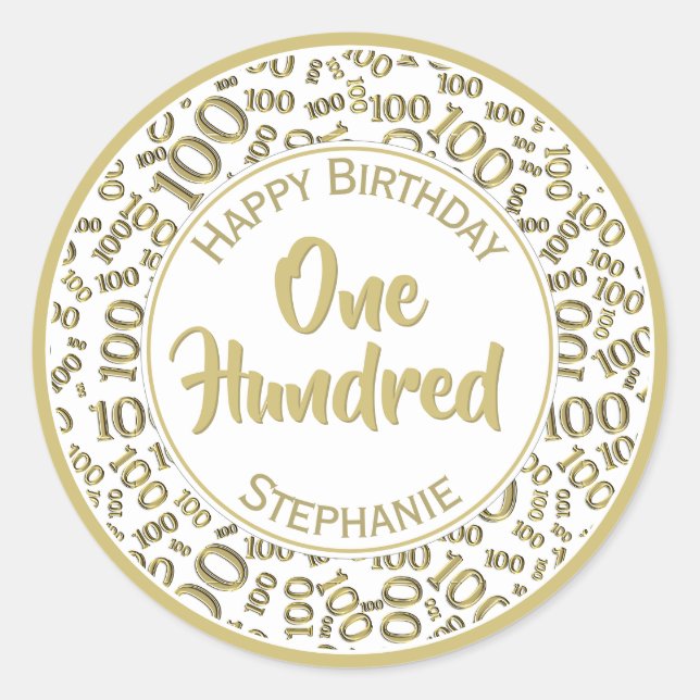 Sticker Rond 100e anniversaire Numéro Motif Or/Blanc 100 (Devant)