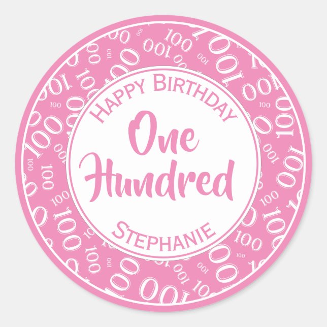 Sticker Rond 100e anniversaire Numéro Motif rose/blanc 100 (Devant)