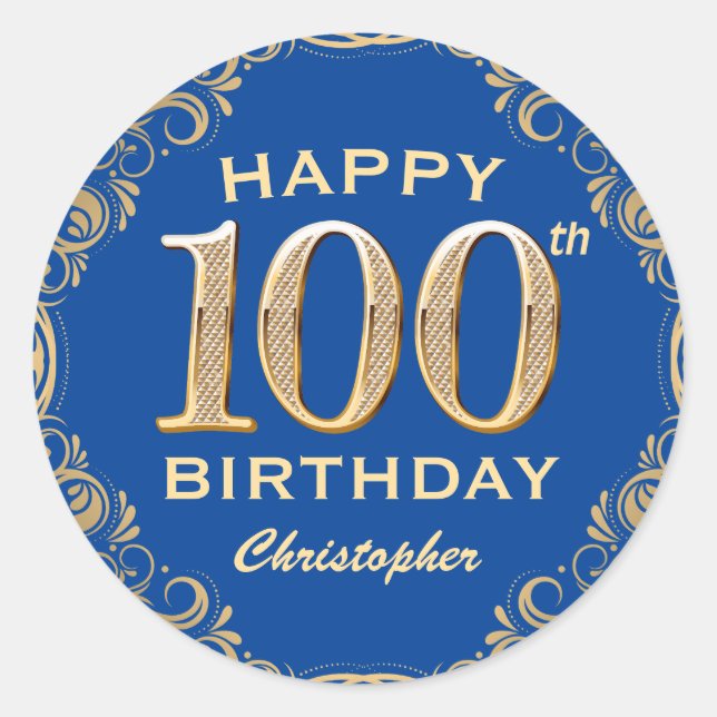 Sticker Rond 100e anniversaire Parties scintillant bleue et or  (Devant)