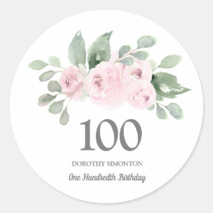 Sticker Rond 100e fête Anniversaire Rose Eucalyptus