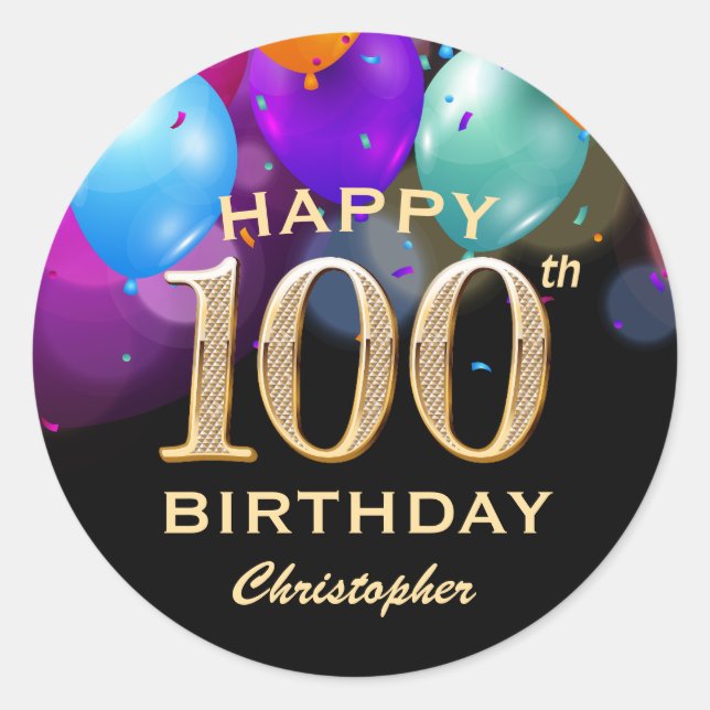 Sticker Rond 100e fête d'anniversaire Ballons Noir et Or (Devant)