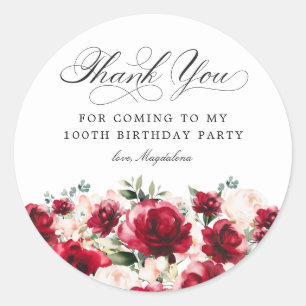 Sticker Rond 100e fête d'anniversaire Merci floral rose rouge