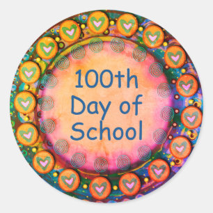 Sticker Rond 100e jour de l'école Coeurs jaunes Enseignant