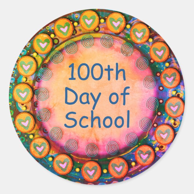 Sticker Rond 100e jour de l'école Coeurs jaunes Enseignant (Devant)