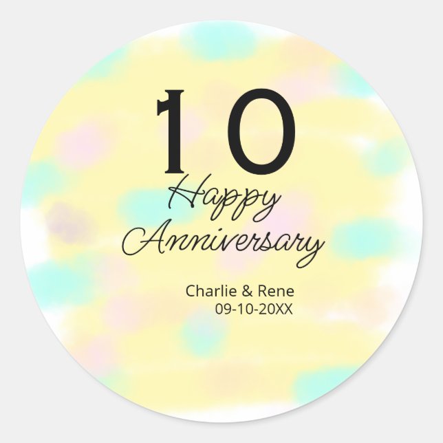 Sticker Rond 10 wedding anniversary yellow pastel name retro bo (Devant)