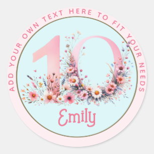 Sticker Rond 10e anniversaire Fairy Floral Pink Princess Fairyt