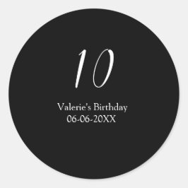 Sticker Rond 10th birthday white black name date calligraphy 