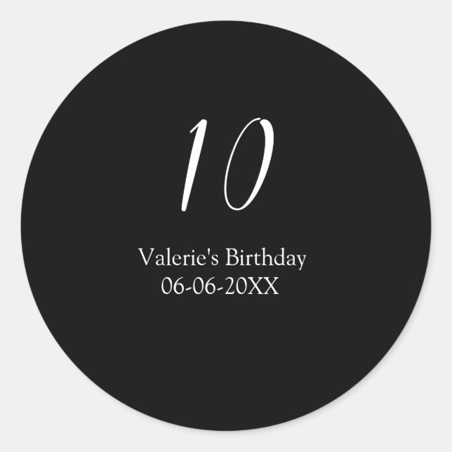 Sticker Rond 10th birthday white black name date calligraphy  (Devant)