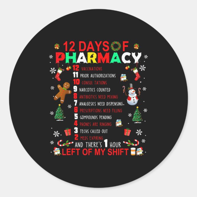 Sticker Rond 12 Days Of Pharmacy Funny Christmas Pharmacist Tec (Devant)