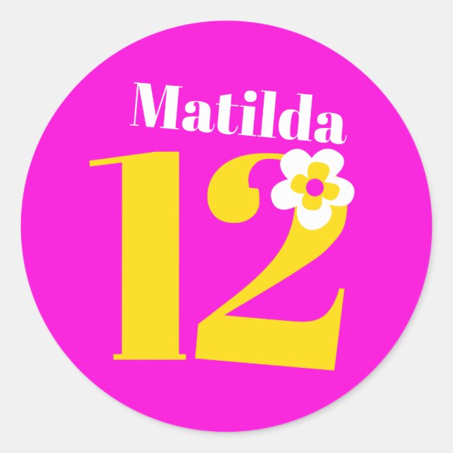 Sticker Rond 12e fête d'anniversaire filles rose jaune blanc (Devant)