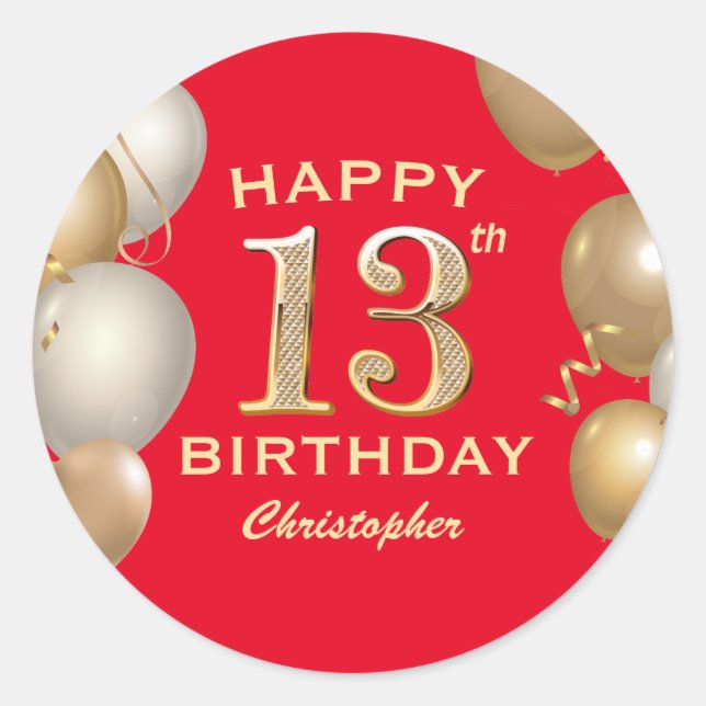 Sticker Rond 13e Anniversaire de Ballons Rouge et Or (Devant)
