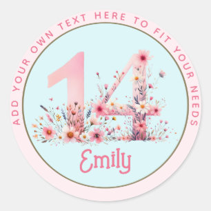 Sticker Rond 14e anniversaire Fairy Floral Pink Princess Fairyt