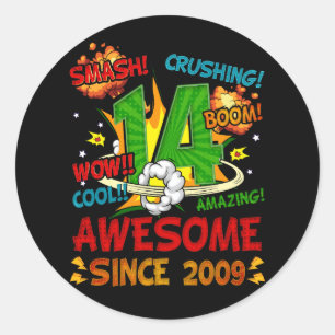 Sticker Rond 14ème Anniversaire Comic Style stupéfiant depuis 2