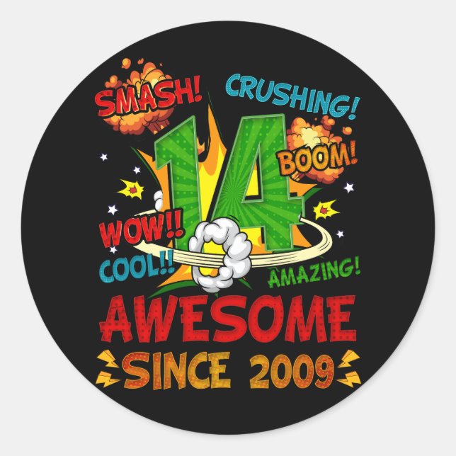 Sticker Rond 14ème Anniversaire Comic Style stupéfiant depuis 2 (Devant)