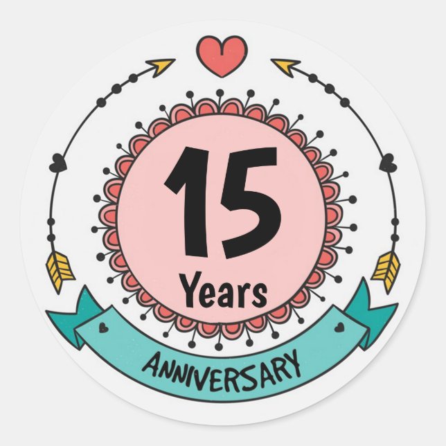 Sticker Rond 15 Anniversaire avec Coeurs et Flèches (Devant)