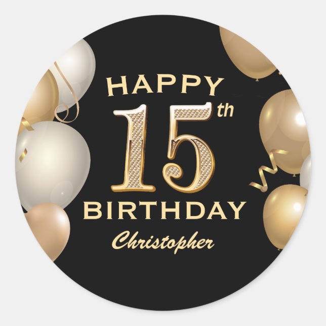 Sticker Rond 15e anniversaire de la fête Ballons Noir et Or (Devant)