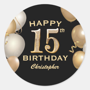 Sticker Rond 15e anniversaire de la fête Ballons Noir et Or