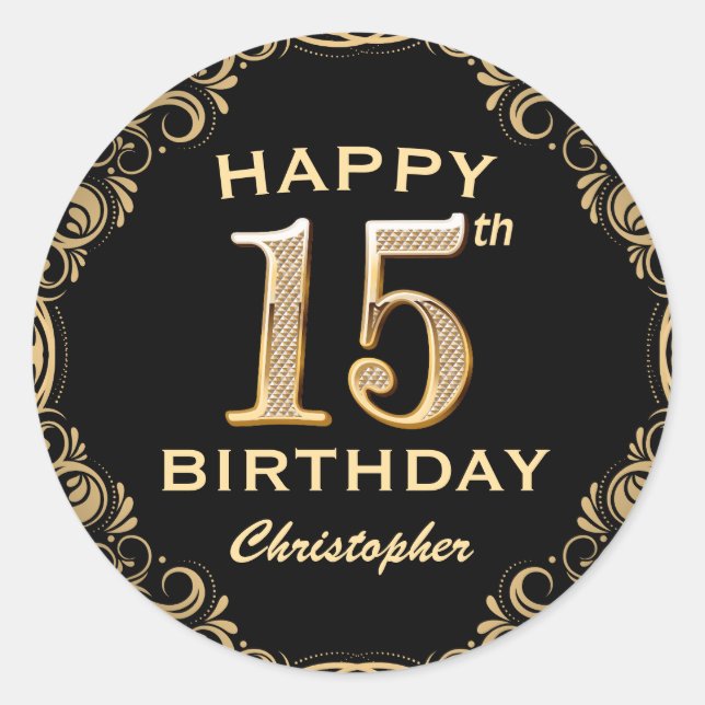 Sticker Rond 15e anniversaire de la Parties scintillant Noir et (Devant)