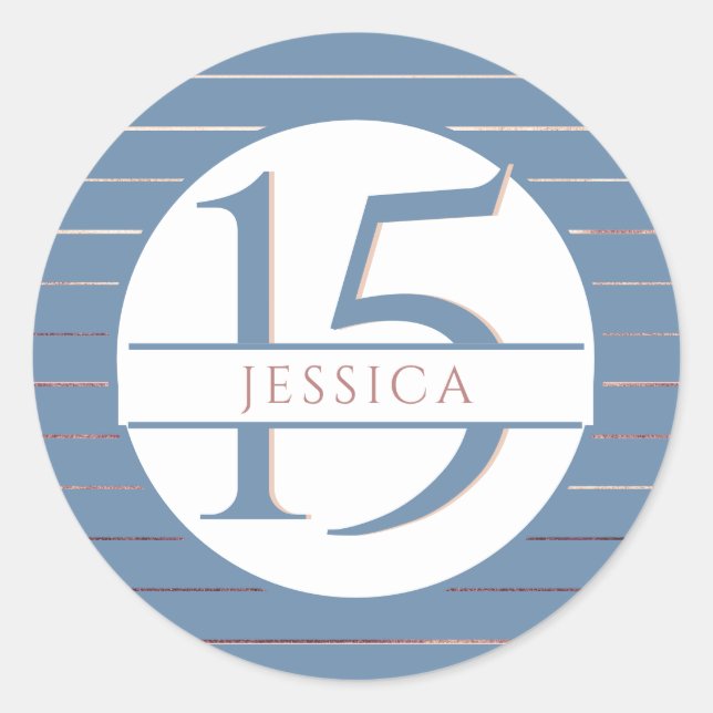 Sticker Rond 15e anniversaire (ou autre), bleu et or rose (Devant)