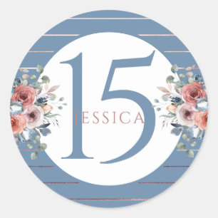 Sticker Rond 15e anniversaire (ou autre) , bleu et or rose