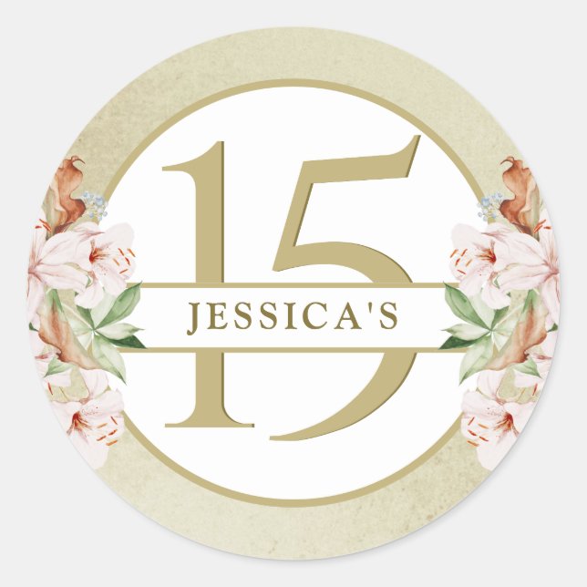 Sticker Rond 15e anniversaire (ou autre), Fleur dorée Champagne (Devant)