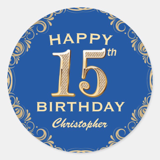 Sticker Rond 15e anniversaire Parties scintillant bleue et or c (Devant)