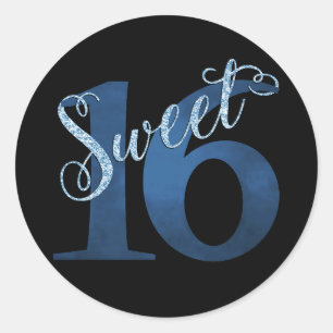 Sticker Rond 16 ans   Aquarelle bleue et Faux Parties scintilla