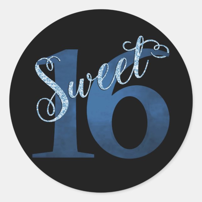 Sticker Rond 16 ans | Aquarelle bleue et Faux Parties scintilla (Devant)