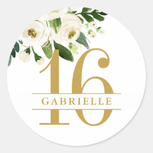 Sticker Rond 16e anniversaire de la florale d'or blanc personna