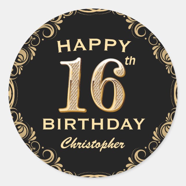 Sticker Rond 16e anniversaire de la Parties scintillant Noir et (Devant)