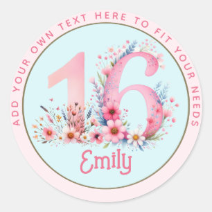 Sticker Rond 16e anniversaire Fairy Floral Pink Princess Fairyt