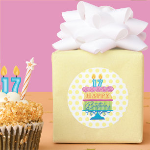 Sticker Rond 17e Joyeux gâteau d'anniversaire Dots jaunes