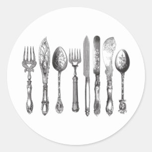 Sticker Rond 1800s blancs de couteau de cuillère de fourchette