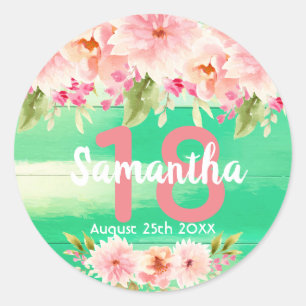 Sticker Rond 18e anniversaire coral dahlia fleurs vert
