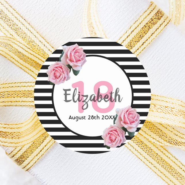 Sticker Rond 18e anniversaire roses roses sur bandes blanches n (Créateur téléchargé)