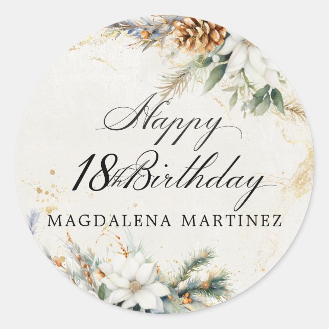 Sticker Rond 18e fête d'anniversaire Blanc hiver Floral personn (Devant)