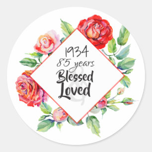 Sticker Rond 1934 85e anniversaire femme - Rose d'aquarelle per