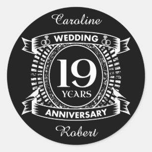 Sticker Rond 19E anniversaire du mariage noir et blanc