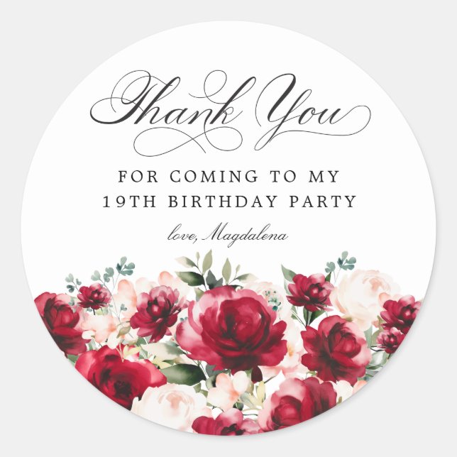 Sticker Rond 19e fête d'anniversaire Merci floral rose rouge (Devant)