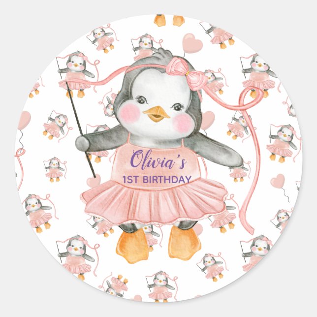 Sticker Rond 1er anniversaire Ballerina Penguin rose Personnali (Devant)