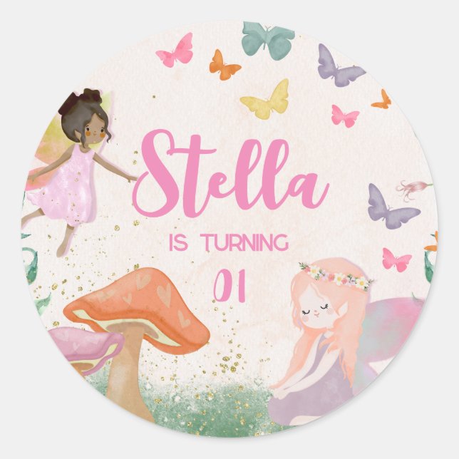 Sticker Rond 1er Anniversaire Fée Magique Jardin Floral Pixie (Devant)