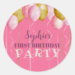 Sticker Rond 1er Anniversaire Fille Rose & Ballon Anniversaire