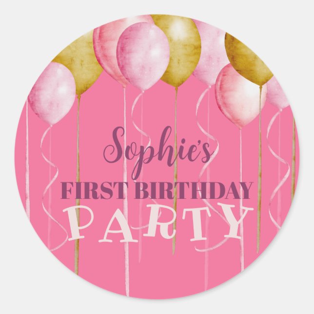 Sticker Rond 1er Anniversaire Fille Rose & Or Balloon Anniversa (Devant)