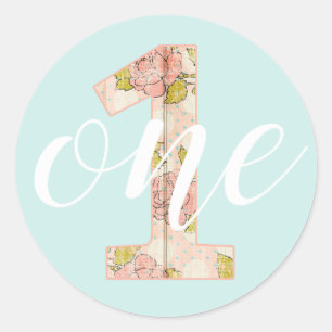 Sticker Rond 1er anniversaire fille Shabby Chic Rose chalet Flo