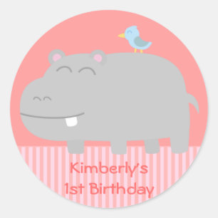 Sticker Rond 1er anniversaire : Hippopotame mignon avec dessin 