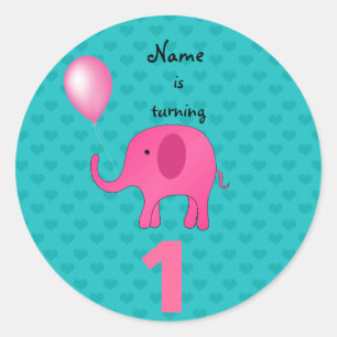 Sticker Rond 1er Anniversaire nom éléphant coeurs turquoise