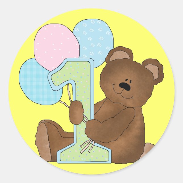 Sticker Rond 1er anniversaire Ours en peluche (3) (Devant)