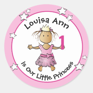 Sticker Rond 1er anniversaire Pink Princess Cartoon Ethnic Girl
